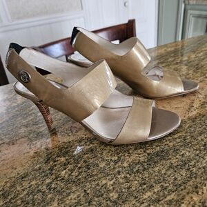Michael Kors Metallic Gold Slingback Heels with Wood-Effect Heel Sz 8.5
